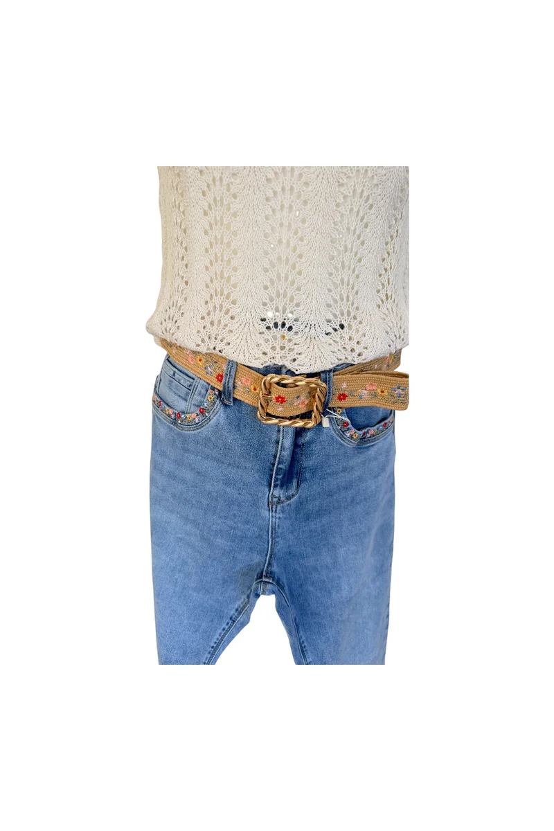 JEANS droit "ARVEN" avec ceinture et broderies