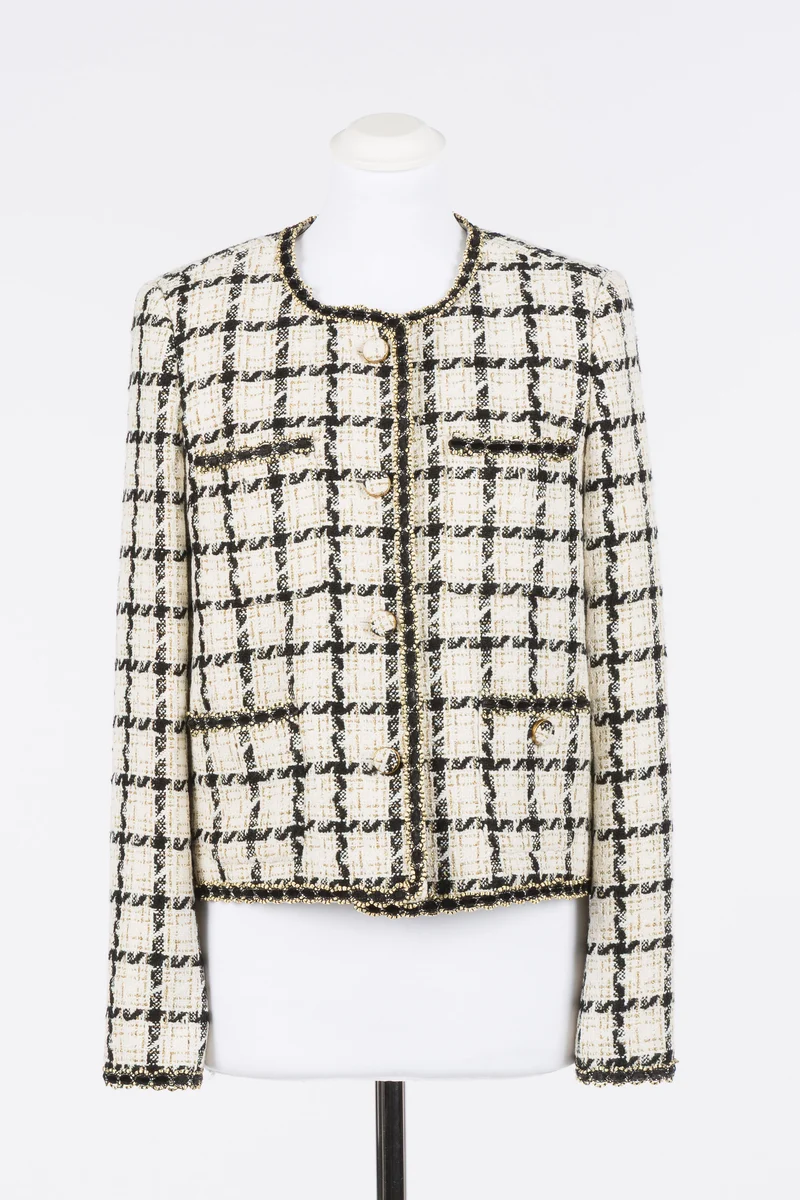 Veste courte à carreaux et finitions contrastantes