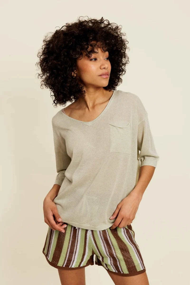 BELIOR - Pull Manches Courtes Vert avec Lurex