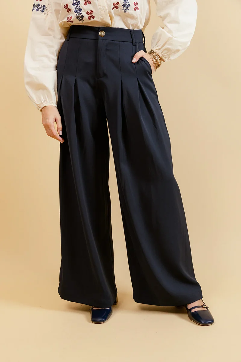 SOLEA - Pantalon Uni Marine à Jambes Larges