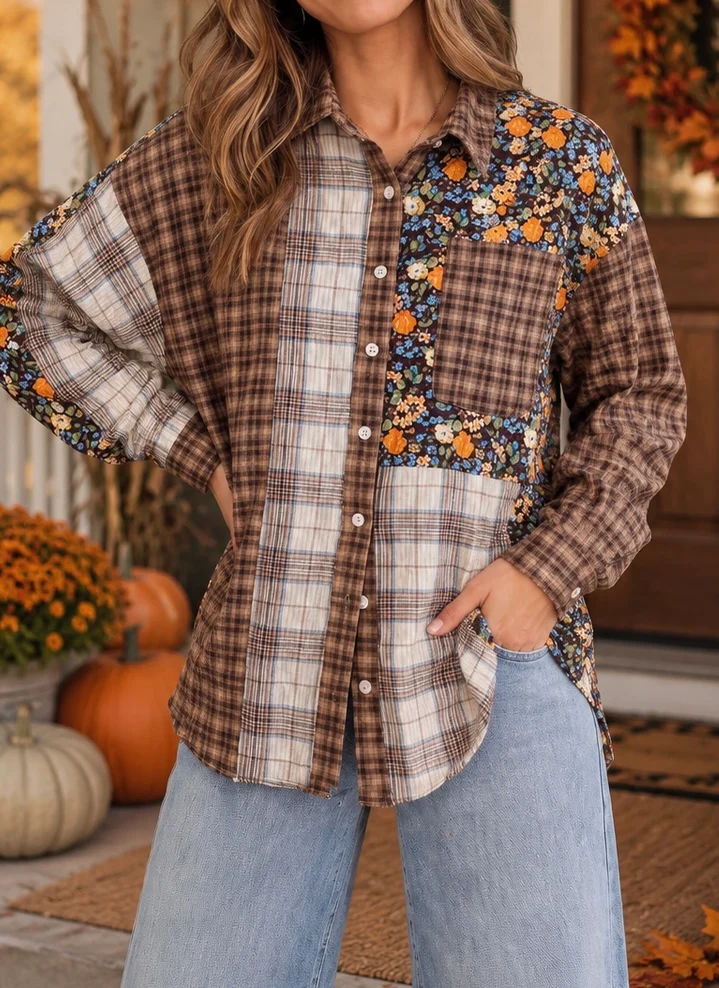 Button Down Color Block Oversized Top - Brown/Taupe