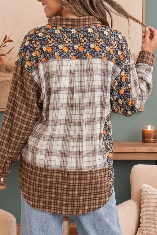 Button Down Color Block Oversized Top - Brown/Taupe