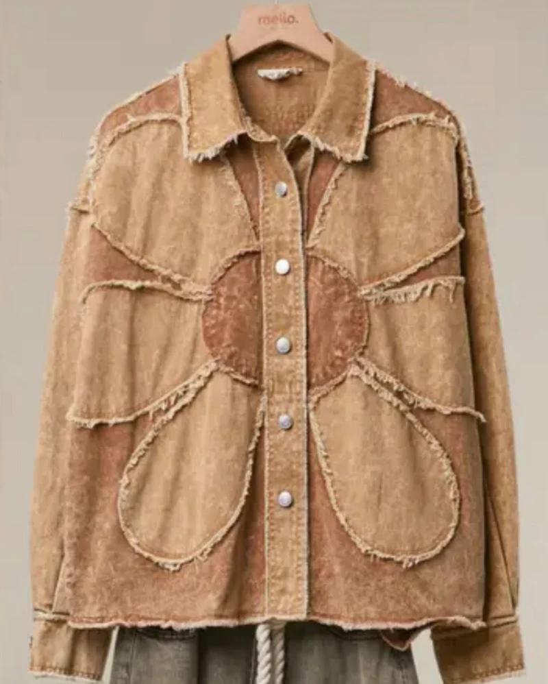 Corduroy Flower Appliqué Shirt Jacket - Khaki