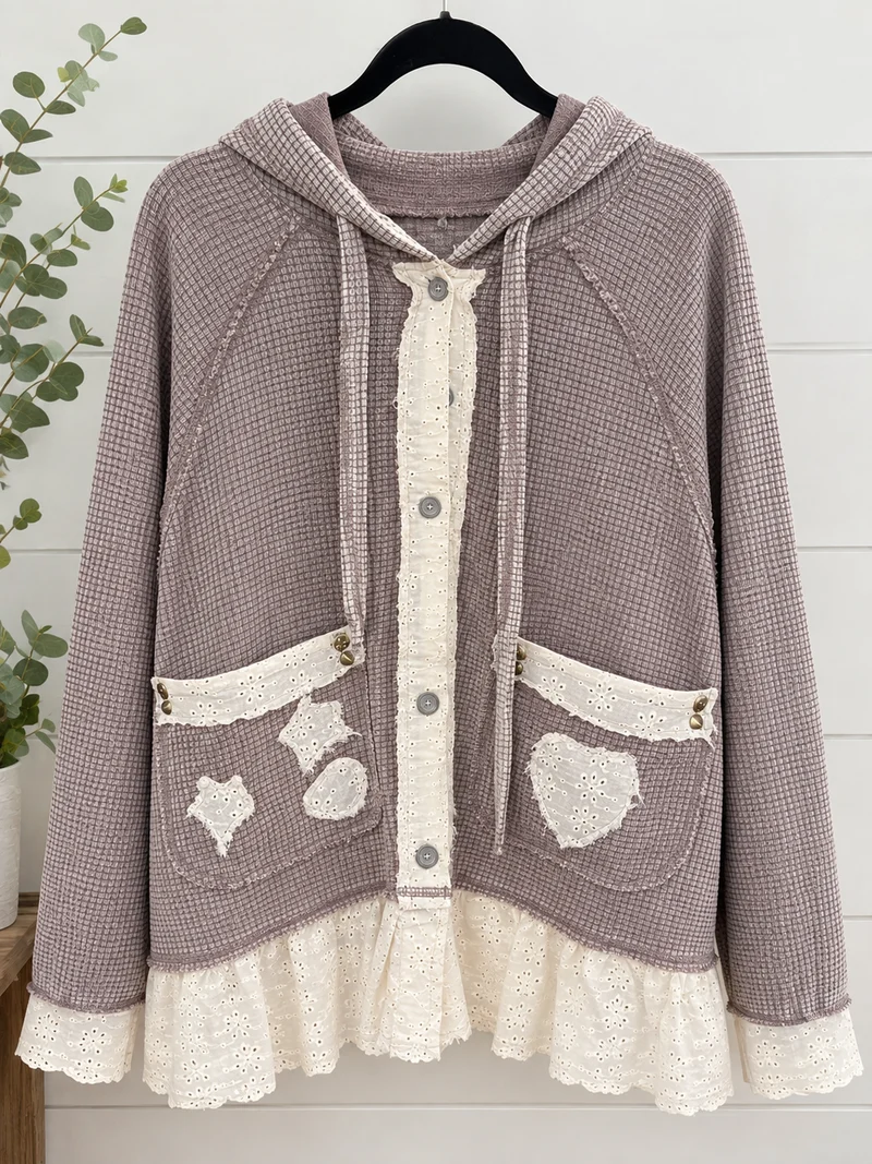 Pol Vintage Wash Button Down Lace Thermal Hoodie Jacket Top - Indigo