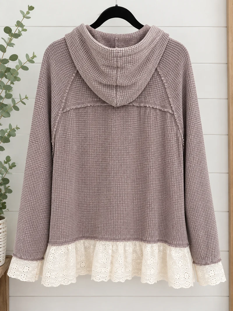 Pol Vintage Wash Button Down Lace Thermal Hoodie Jacket Top - Indigo