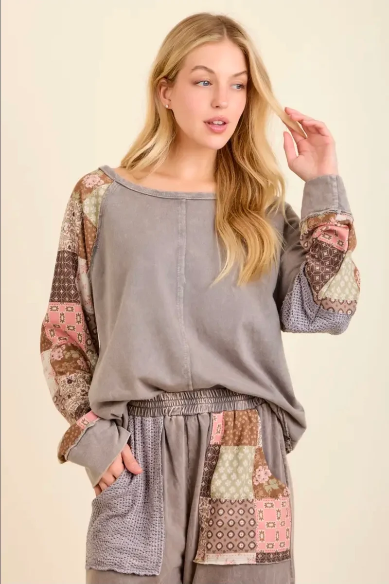J. Her Mineral Washed Fall Paisley Patchwork Sweatshirt
