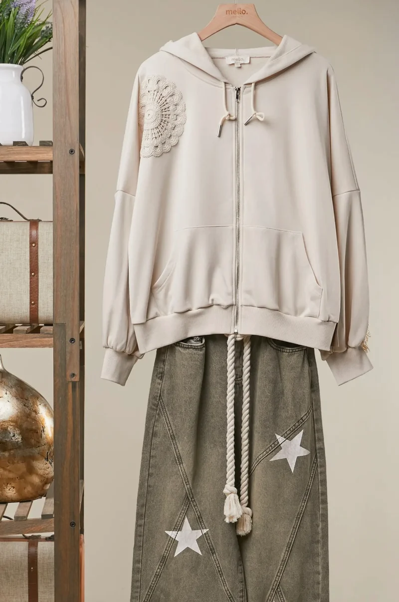 Mello Chic Lace Trimmed Hoodie with Crochet Accents