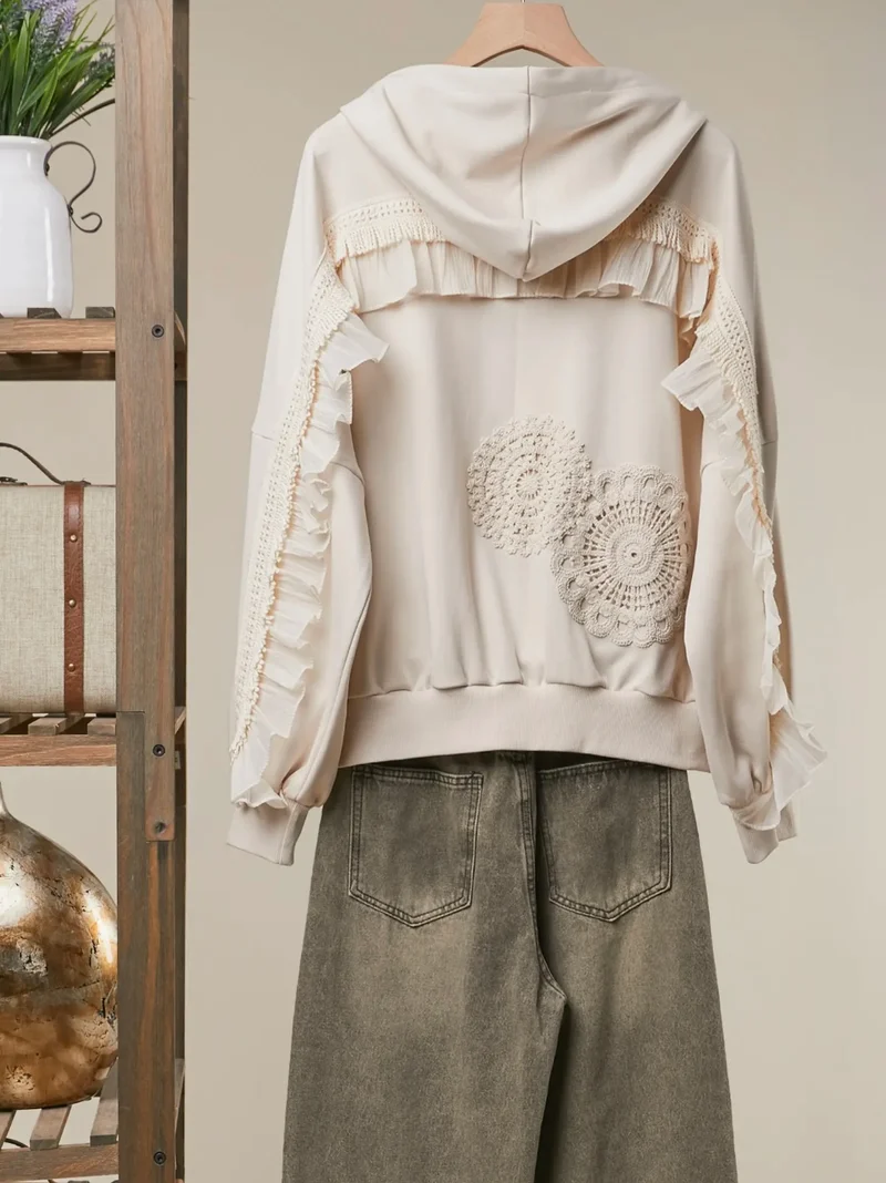 Mello Chic Lace Trimmed Hoodie with Crochet Accents