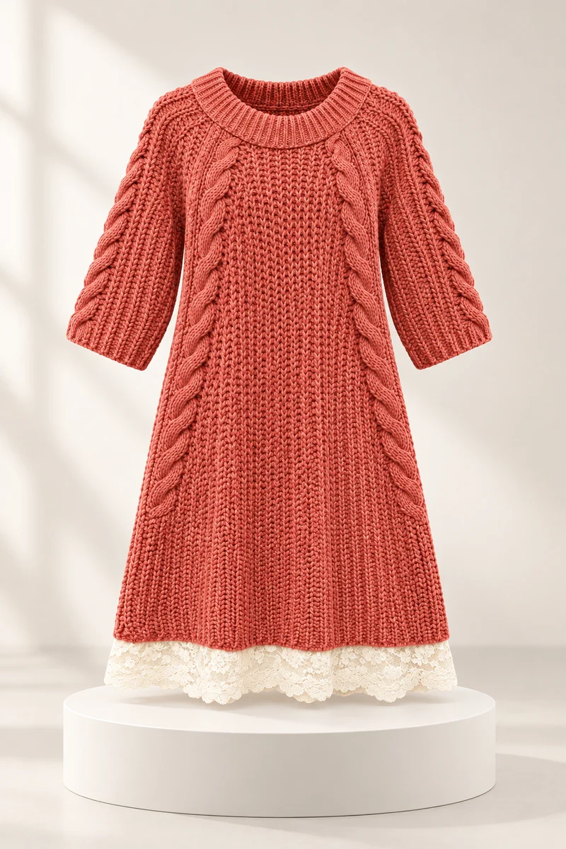 Half Sleeves Lace Bottom Knit Sweater-Rust