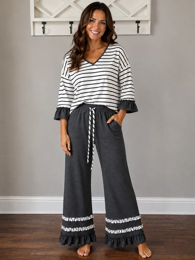 Sew Divine Dark Heather Grey & White Stripe Ruffle Detail Set