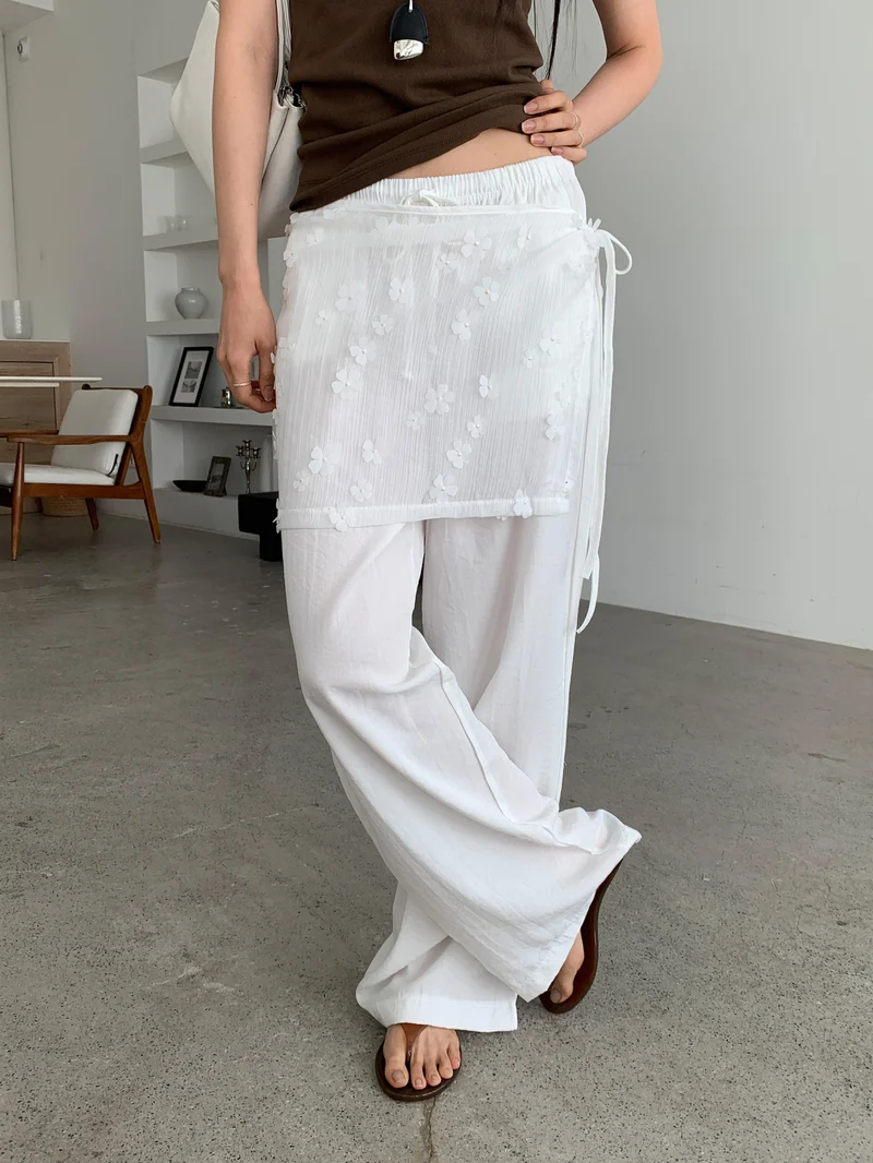 Merrymore Floral Overlay Wrap Layered Wide Leg Pants