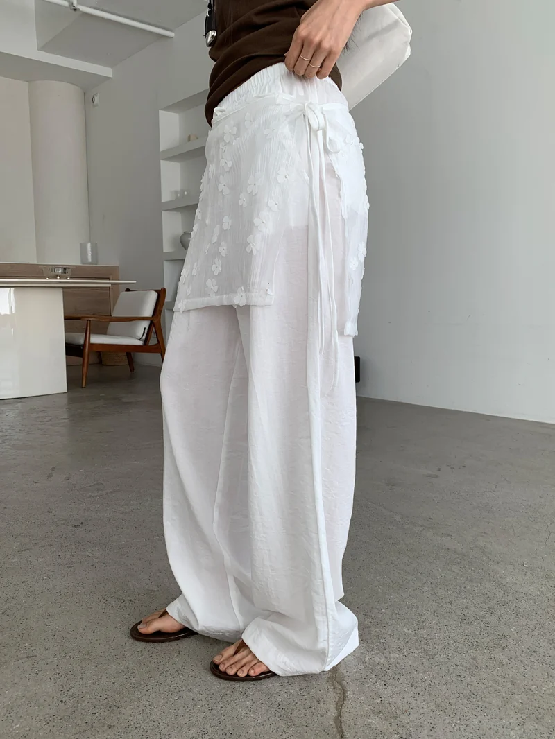 Merrymore Floral Overlay Wrap Layered Wide Leg Pants