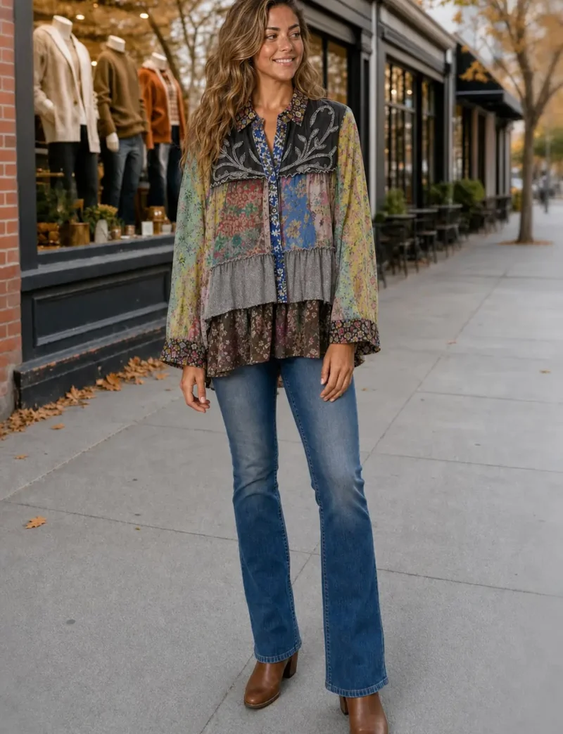 LTX Denim Patchwork Tiered Tunic Top