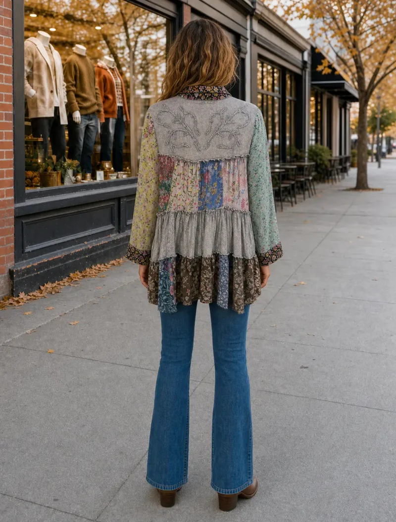 LTX Denim Patchwork Tiered Tunic Top