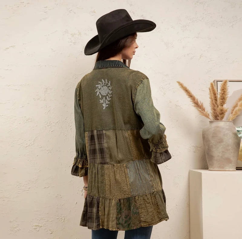 Young Threads Boho Embroidered Floral Plaid Button-Down Top