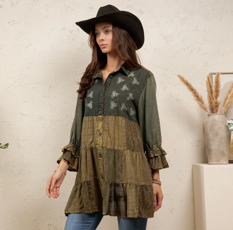 Young Threads Boho Embroidered Floral Plaid Button-Down Top