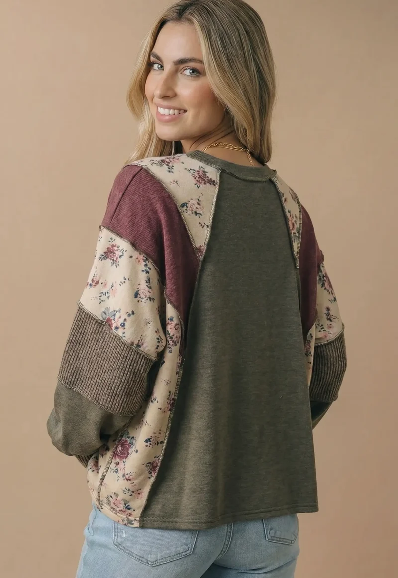 Haptics Plus Mixed Media Patchwork Pullover Knit Top