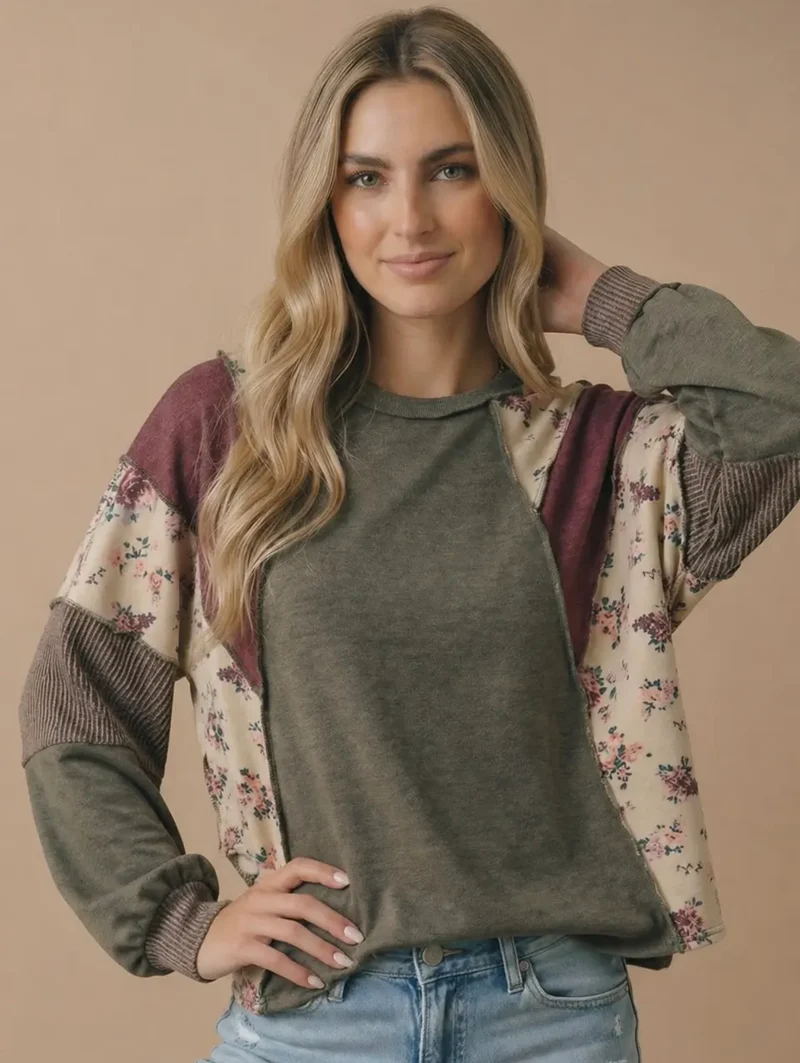 Haptics Plus Mixed Media Patchwork Pullover Knit Top