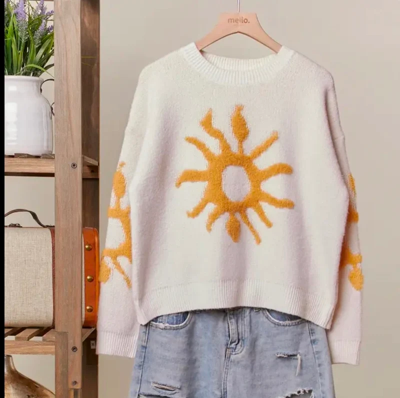 Mello. Cozy Knit Sweater with Yellow Sun Patch