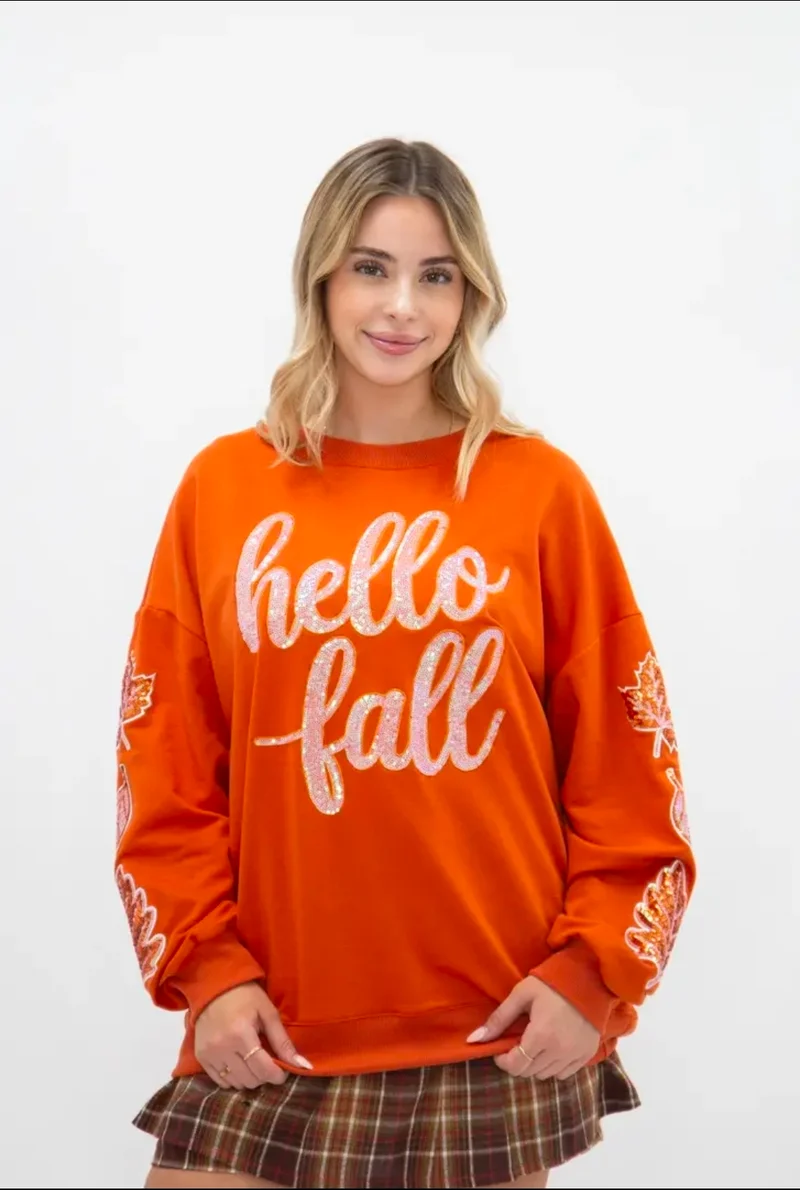 Grace+Emma Sequin Hello Fall Orange Top
