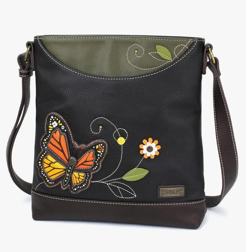 Chala Mid Size Shoulder Purse With Adjustable Strap - Black Monarch Butterfly