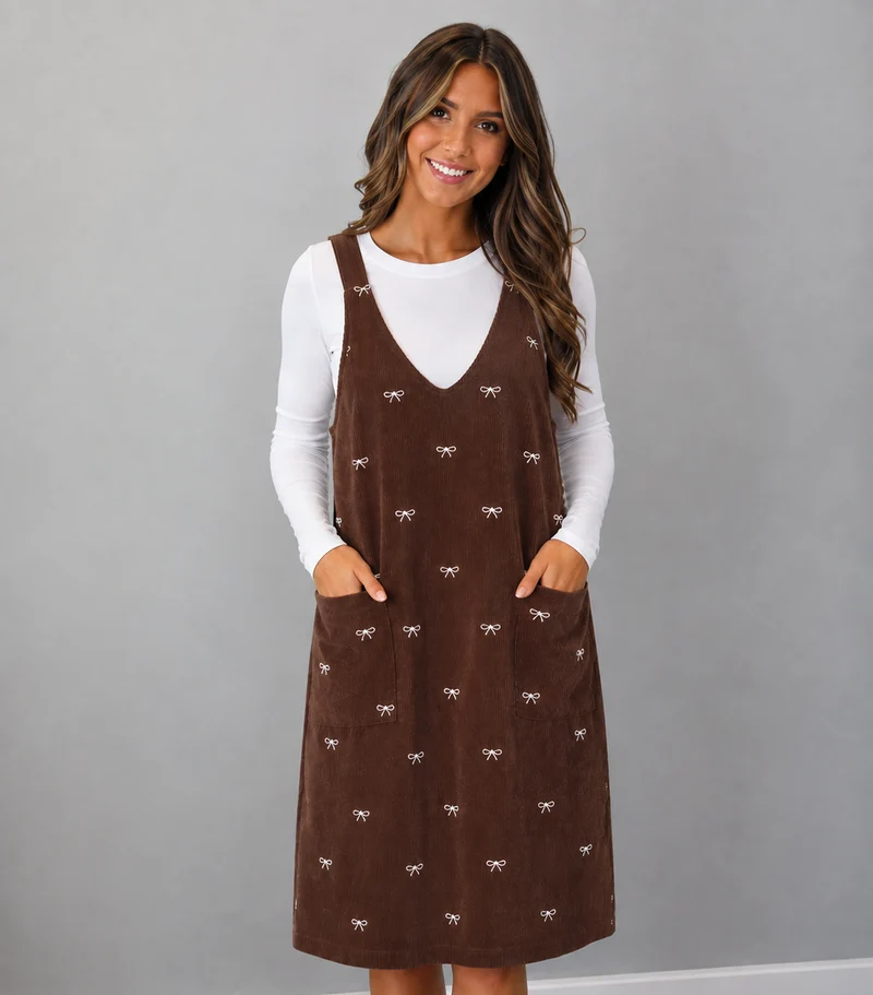 Simply Southern Courduroy Brown Dress with Embroidered Bow Detail