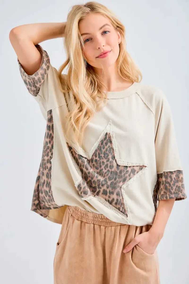 J. HER Mineral Washed Leopard Lace Star Halfsleeve Top