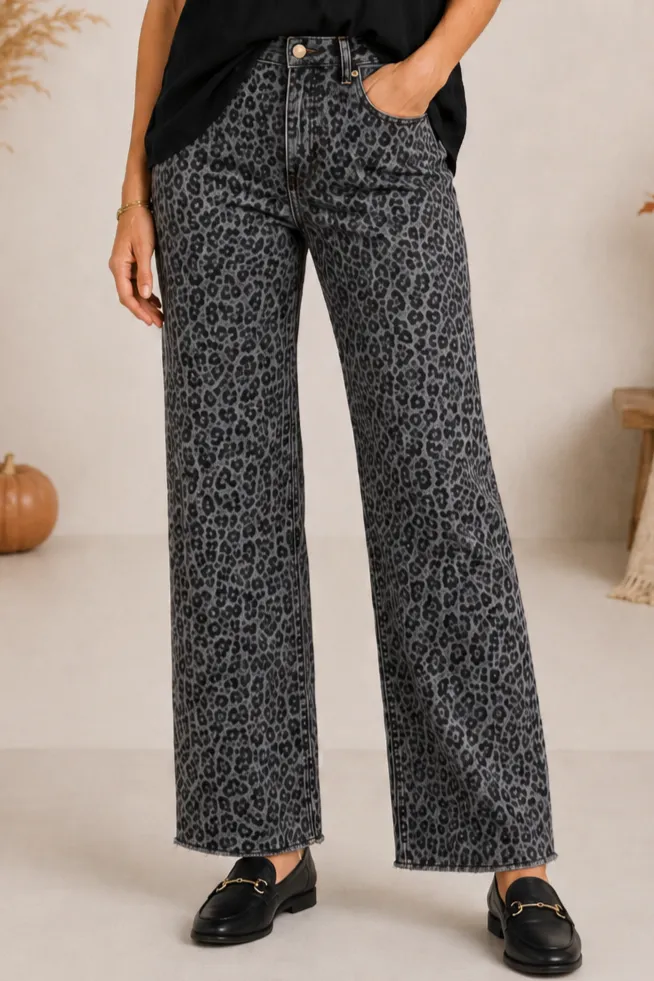 Platinum Animal Print Wide Leg Fray Hem Jean