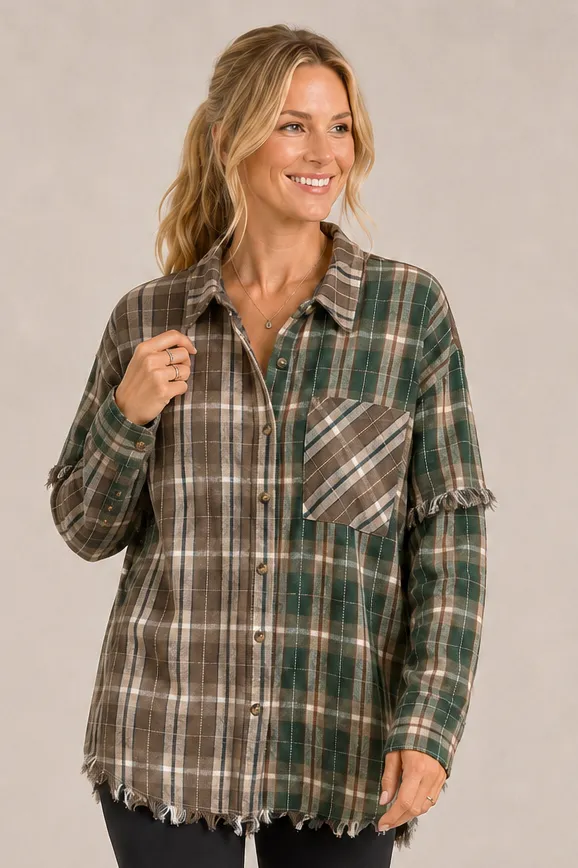 Pine Apparel Taupe/Green Mixed Plaid Fray Trim Flannel Shirt