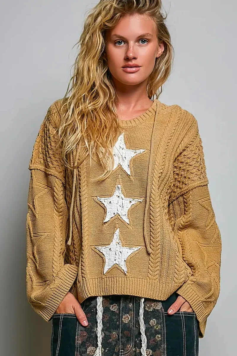 POL V Neck Weave Star Lace Patch Hoodie Acrylic Sweater-Mocha UST540