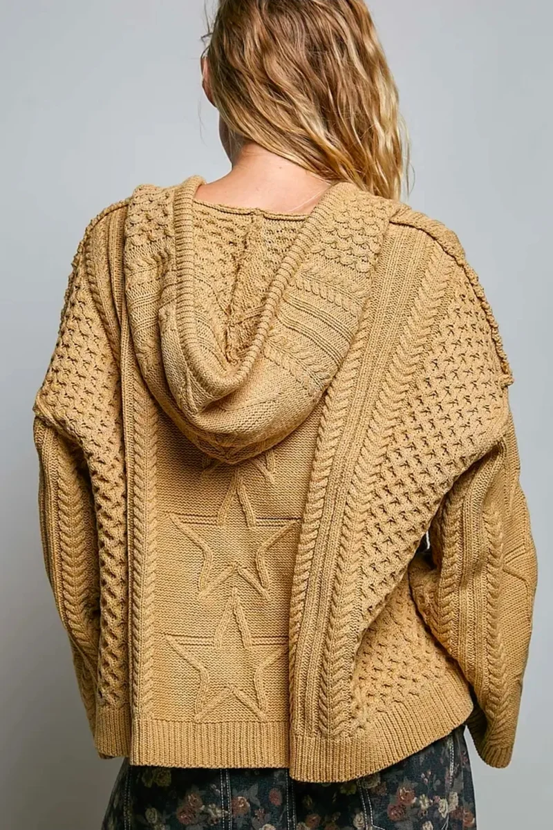 POL V Neck Weave Star Lace Patch Hoodie Acrylic Sweater-Mocha UST540