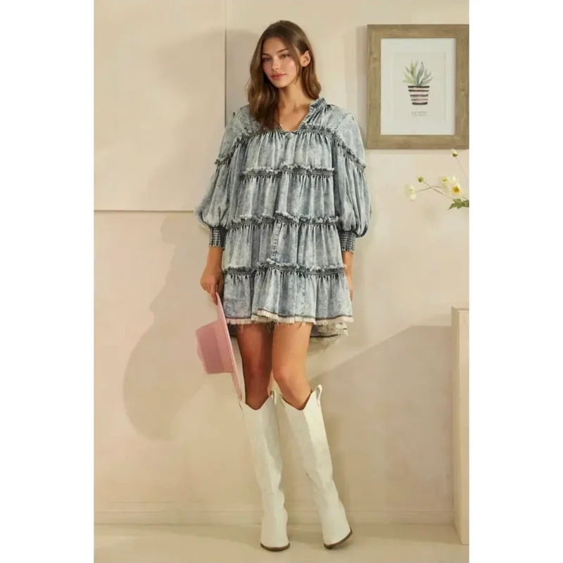 Oli&Hali Washed Tiered Tencel Short Dress-Denim