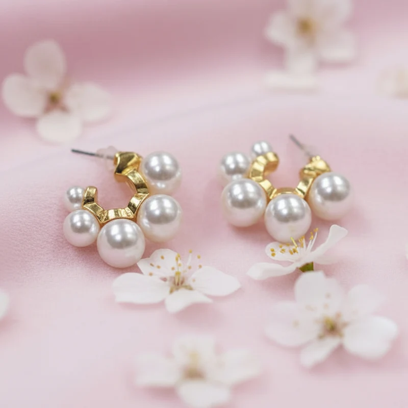 WM Jewelry Gold Pearl Hoops 1234