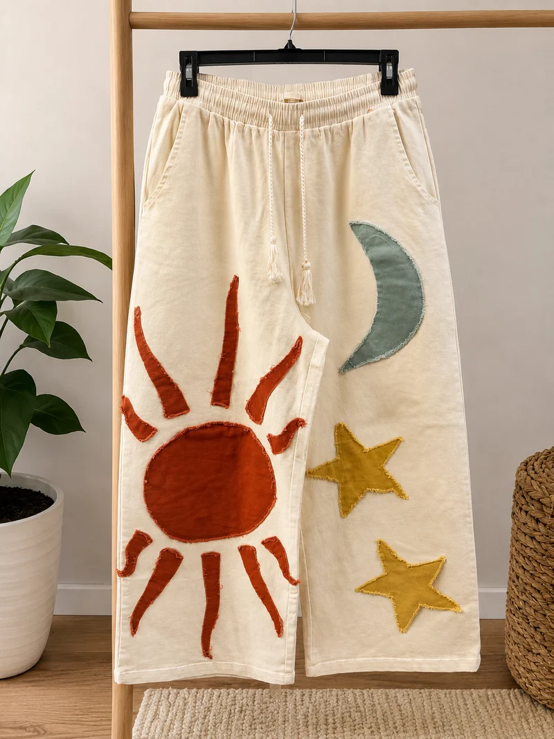 Mello Sun Moon Star Patch Wide Pants