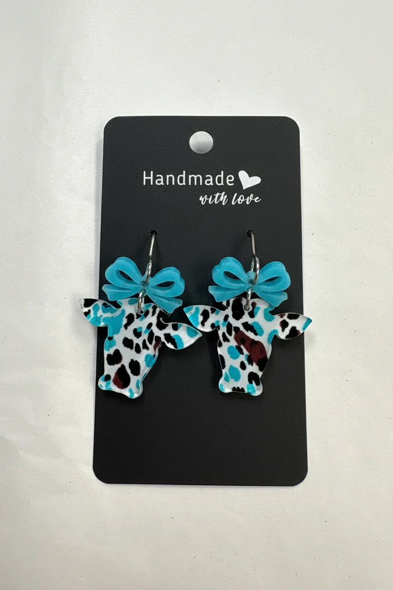 His Spirit Creations Blue and Brown Cow Bow Earrings V# 1042