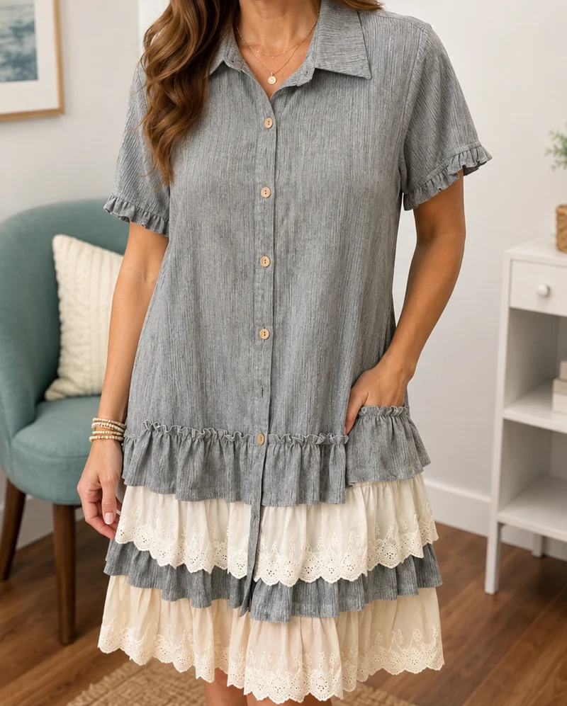 Mello Washed Charcoal Teired Ruffle Button Down Dress