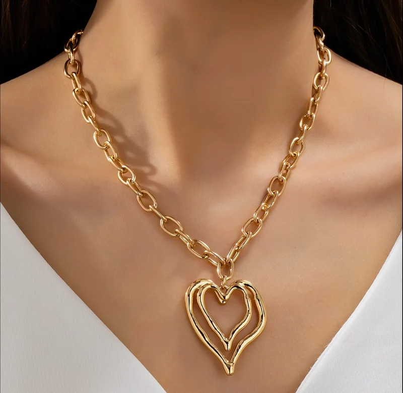 Josslyn Sculptured Oversized Double Heart Pendant Necklace
