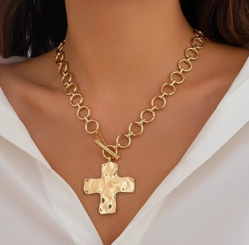 Josslyn Notable Hammered Cross Front Toggle Necklace Nickel & Lead Compliant