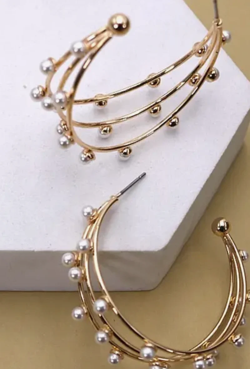 Josslyn Triple Row Wire Pearl Hoop Earrings