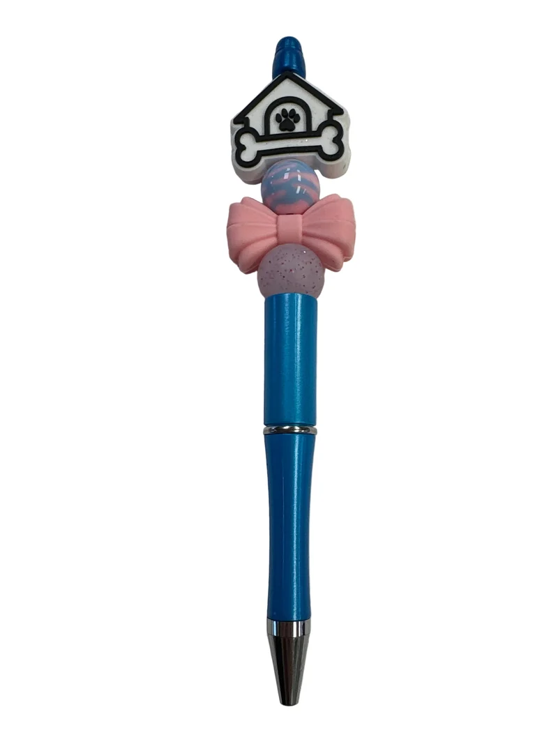 His Spirit Creations Blue + Pink Dog House Bow Beaded Pen V# 1042