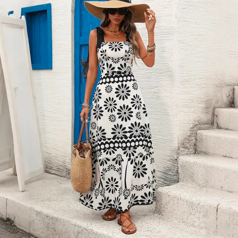 Women's Boho Maxi Dress Floral Print- Sleeveless Vacation Dress