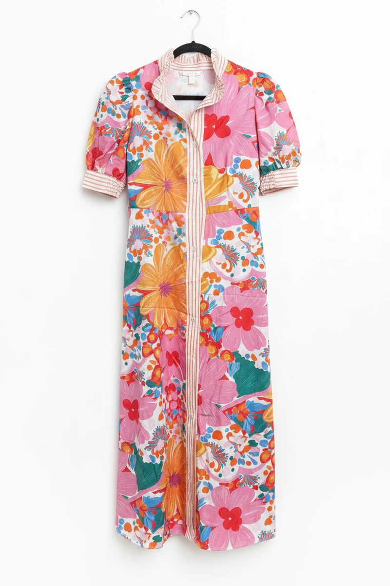Pink Floral Stripe Trim Button Down Maxi Dress