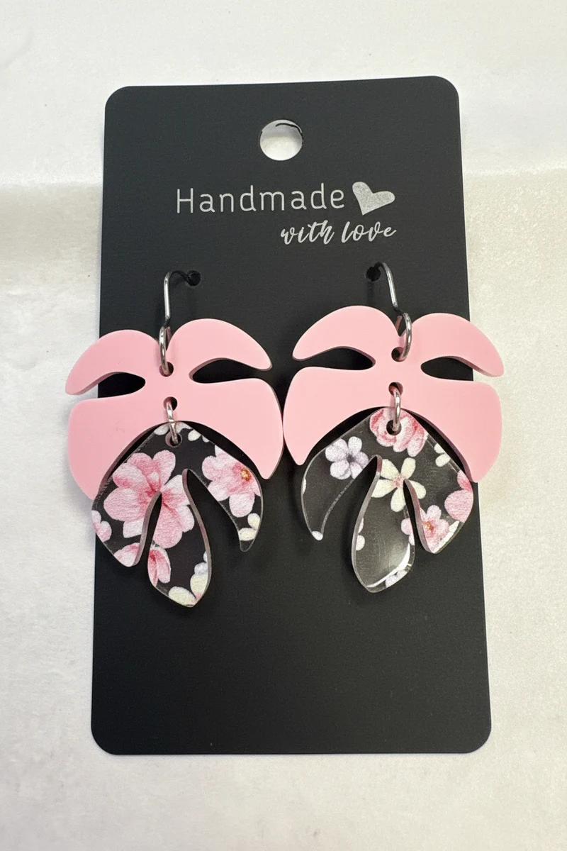 His Spirit Creations Pink Flower Leaf Earrings V 1042