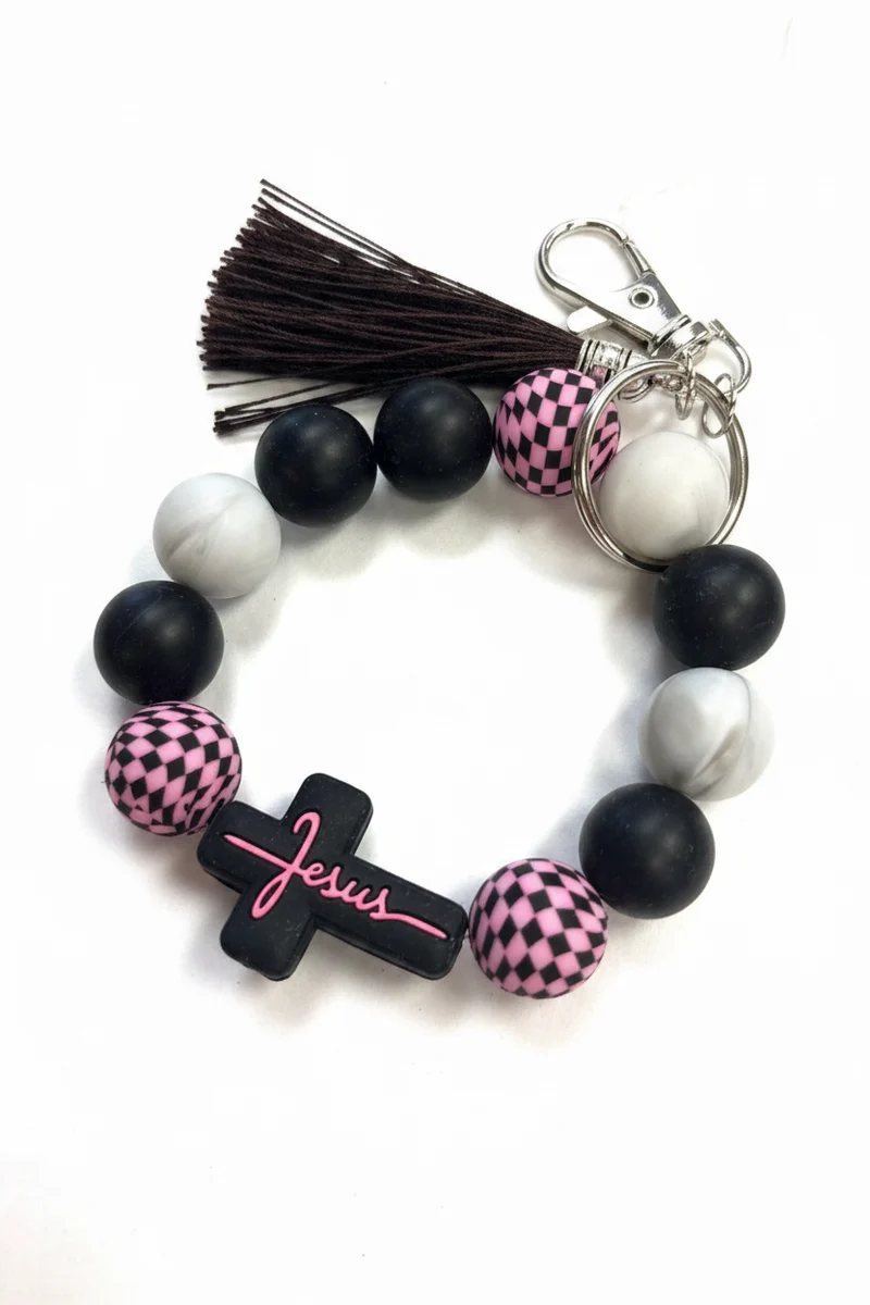 His Spirit Creations Pink Cross Beaded Wristlet V 1042