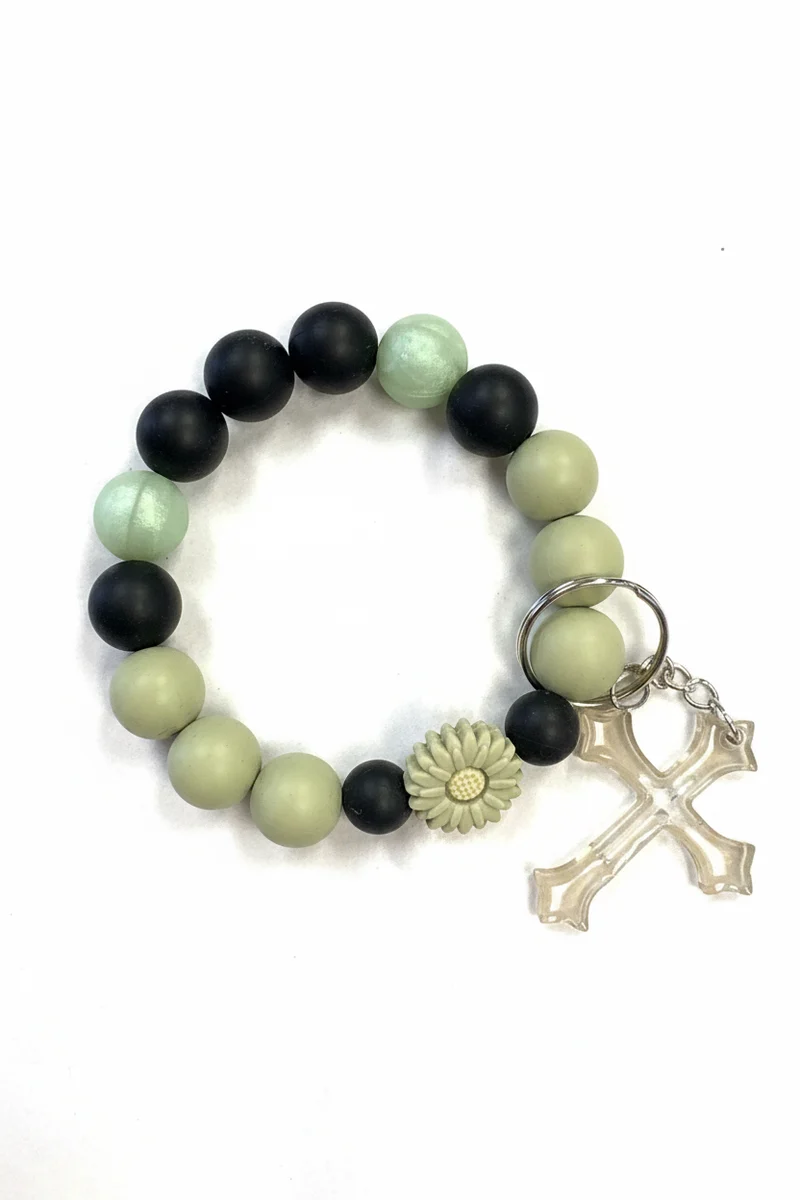 His Spirit Creations Green Flower Cross Beaded Wristlet V 1042
