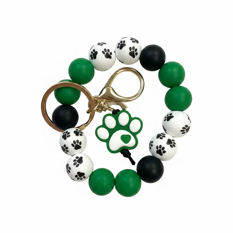 Paw Print Silicone and Wooden Bead Wristlet Keychain