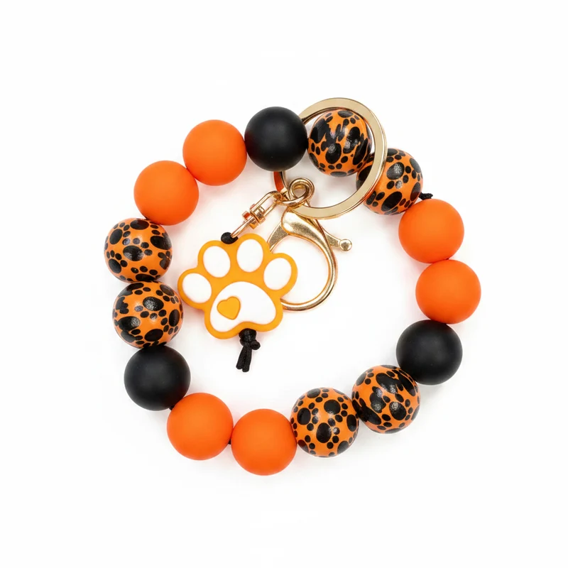 Paw Print Silicone and Wooden Bead Wristlet Keychain