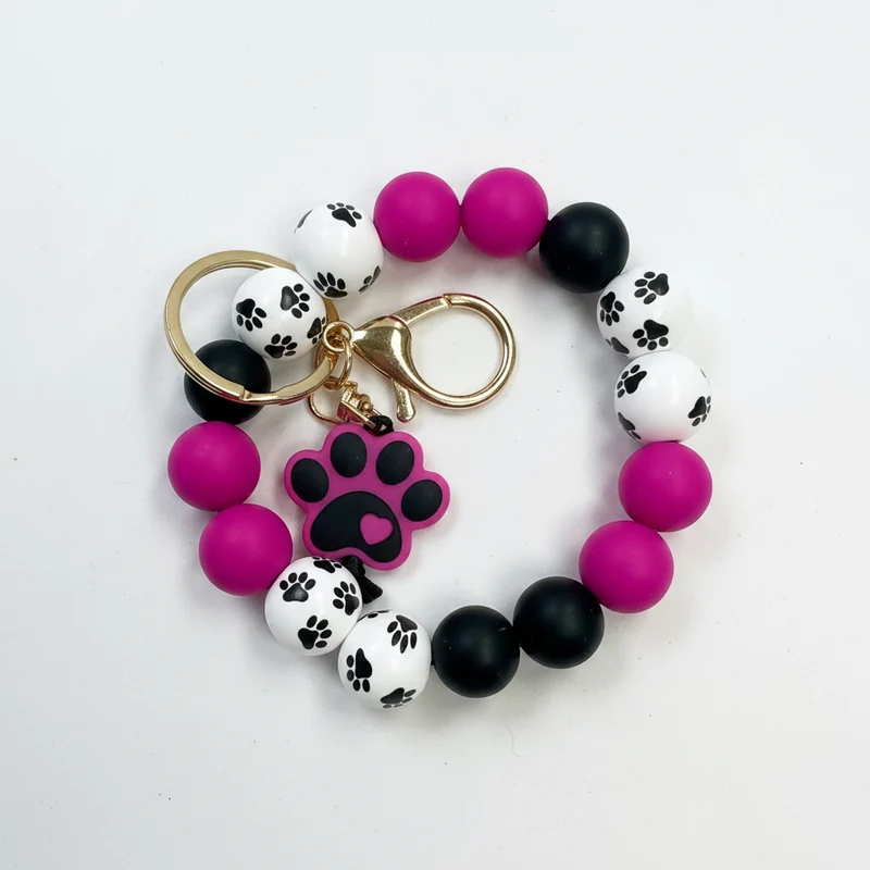 Paw Print Silicone and Wooden Bead Wristlet Keychain