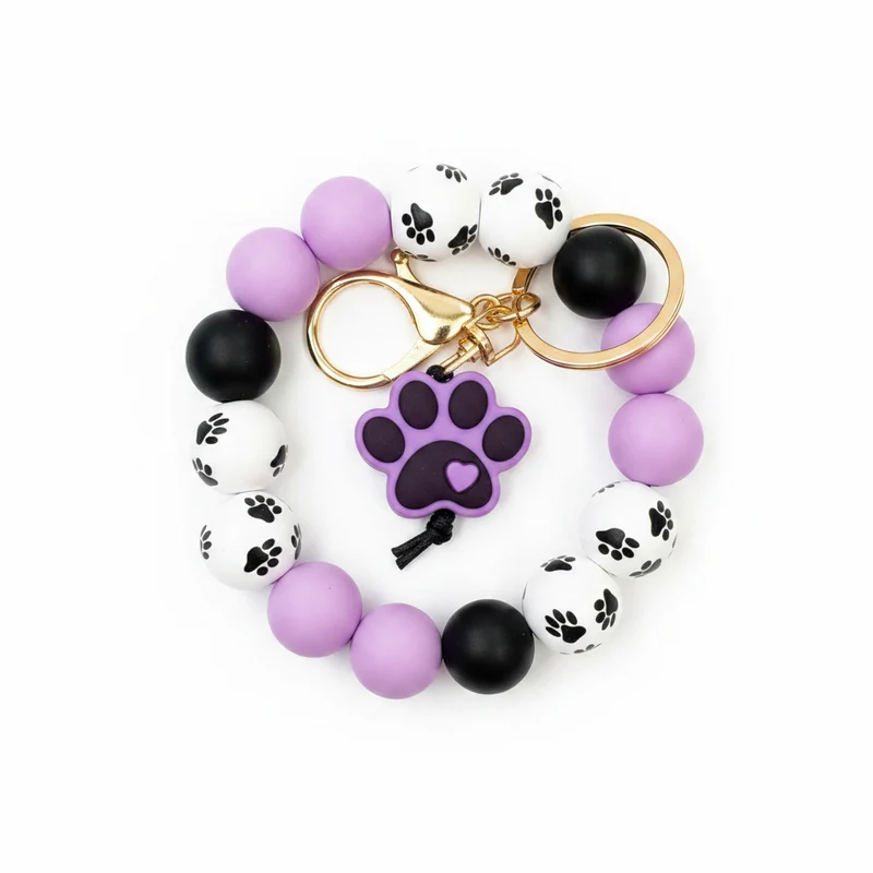Paw Print Silicone and Wooden Bead Wristlet Keychain