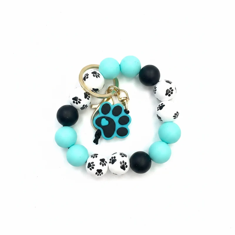 Paw Print Silicone and Wooden Bead Wristlet Keychain